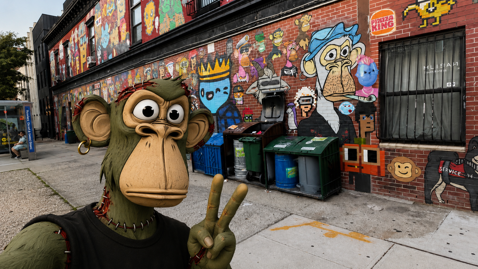 Achims Mutant-Ape-Avatar vor der NFT Wall in Williamsburg